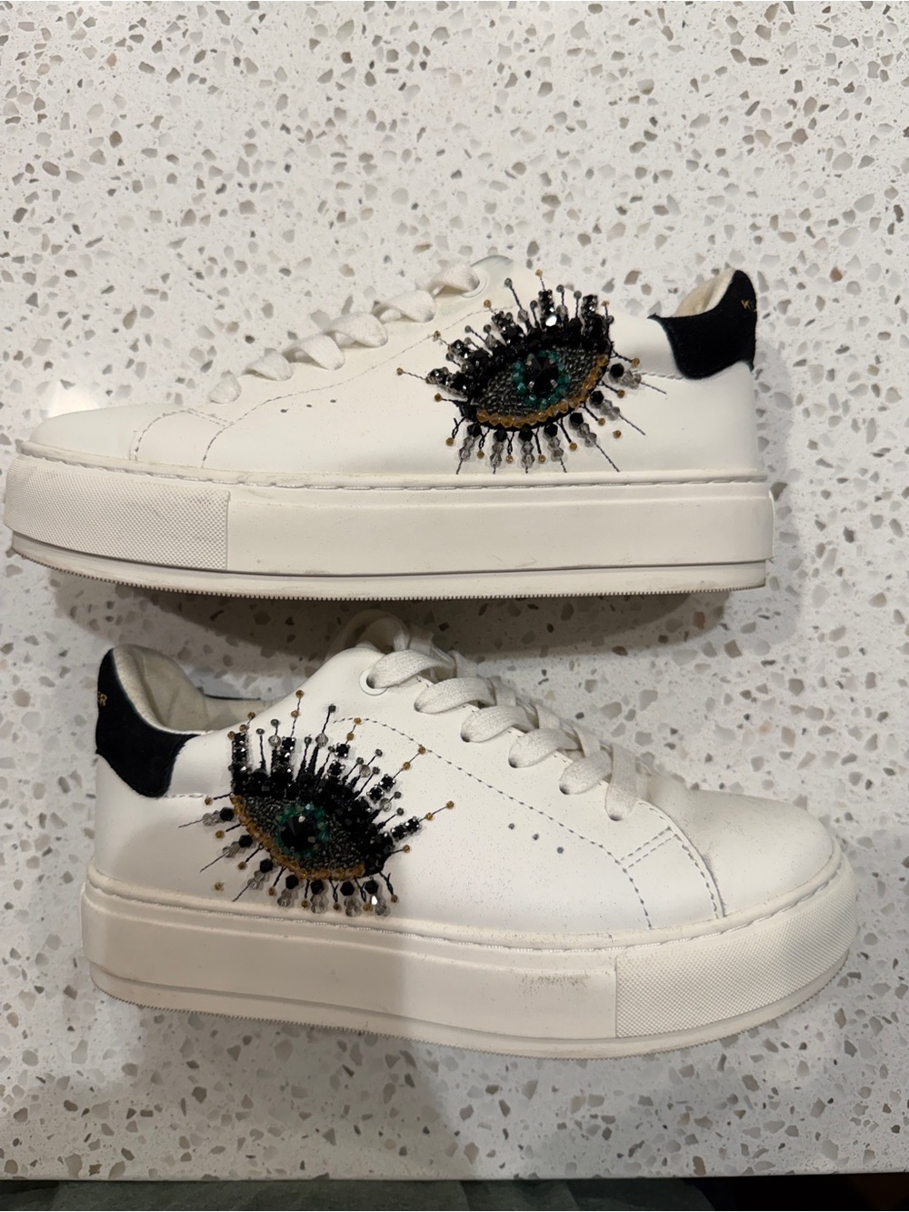 Kurt Geiger White Platform Sneakers with Beaded Eye Embellishment